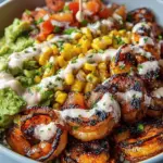 Grilled Shrimp Bowl with Avocado, Corn Salsa & Creamy Garlic Sauce