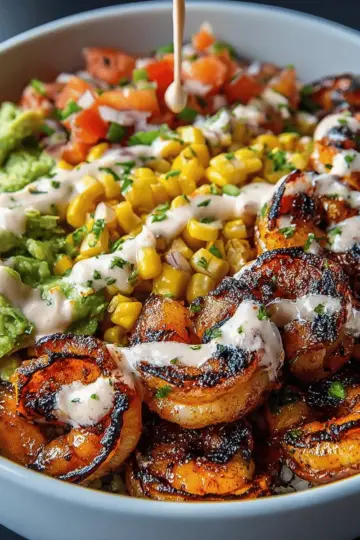 Grilled Shrimp Bowl with Avocado, Corn Salsa & Creamy Garlic Sauce