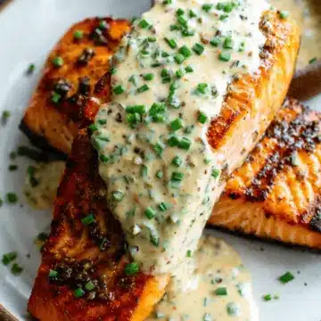 Grilled Salmon Steaks with Creamy Mustard Chive Sauce