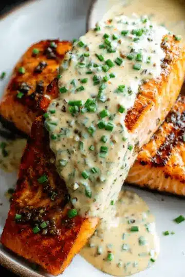 Grilled Salmon Steaks with Creamy Mustard Chive Sauce