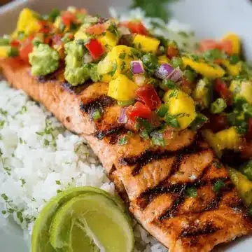 Grilled Lime Salmon with Avocado-Mango Salsa and Coconut Rice