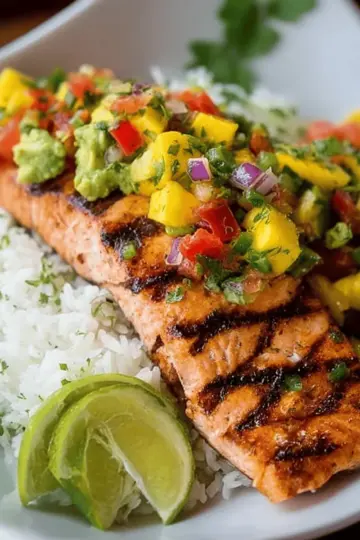 Grilled Lime Salmon with Avocado-Mango Salsa and Coconut Rice