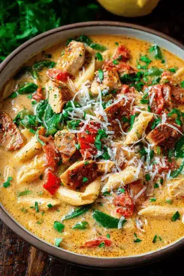 Creamy Parmesan Cajun Chicken Pasta Soup
