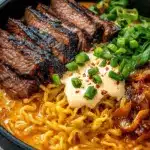 Spicy Korean Ramen with Grilled Beef & Creamy Sauce