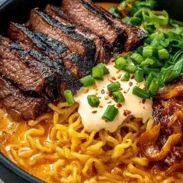 Spicy Korean Ramen with Grilled Beef & Creamy Sauce