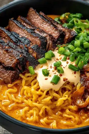 Spicy Korean Ramen with Grilled Beef & Creamy Sauce