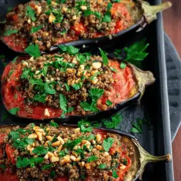 Stuffed Eggplant Recipe with Spiced Ground Beef, Bulgur and Pine Nuts