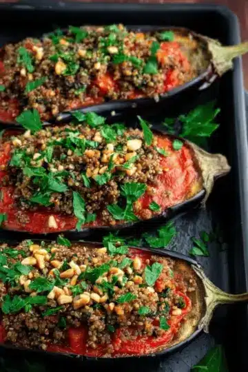Stuffed Eggplant Recipe with Spiced Ground Beef, Bulgur and Pine Nuts