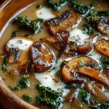 Wild Mushroom, Caramelized Onion and Kale Soup