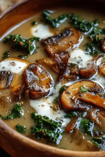 Wild Mushroom, Caramelized Onion and Kale Soup