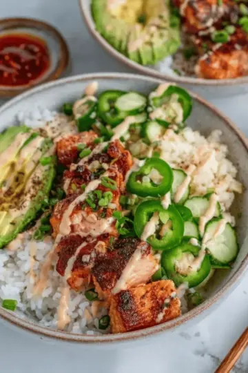 Spicy Salmon Bowls with Coconut Rice