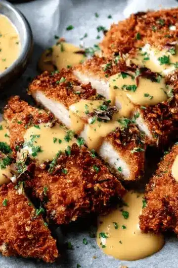 Pretzel Crusted Chicken with Cheddar-Mustard Sauce