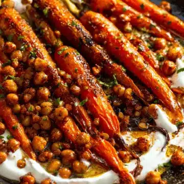 Spicy maple roast carrots with crispy chickpeas and yogurt sauce