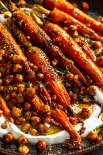 Spicy maple roast carrots with crispy chickpeas and yogurt sauce