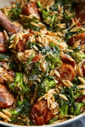 Chicken Sausage, Broccoli, and Orzo Skillet