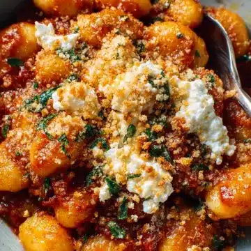Millionaire Gnocchi with Red Sauce, Herbed Ricotta, and Golden Crispies