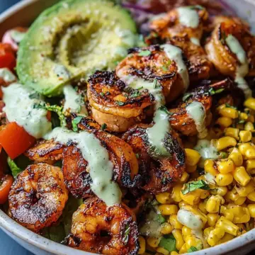 Grilled Shrimp Bowl with Avocado, Corn Salsa & Creamy Garlic Sauce