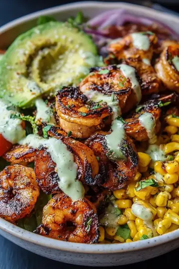 Grilled Shrimp Bowl with Avocado, Corn Salsa & Creamy Garlic Sauce