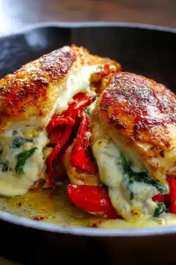 Roasted Red Pepper Spinach Mozzarella Stuffed Chicken