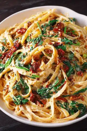 Linguine with spinach and sun-dried tomato cream sauce