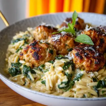 Baked Chicken Ricotta Meatballs with Creamy Spinach Orzo