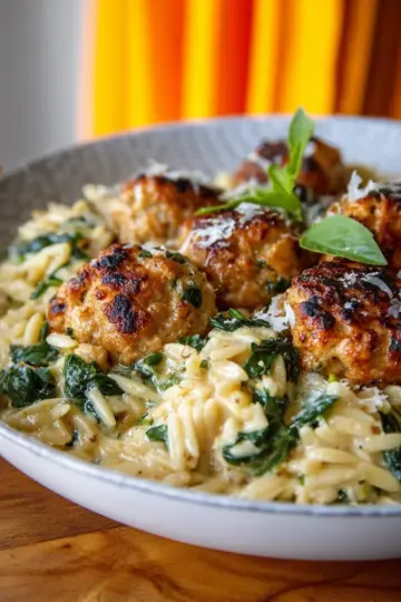Baked Chicken Ricotta Meatballs with Creamy Spinach Orzo